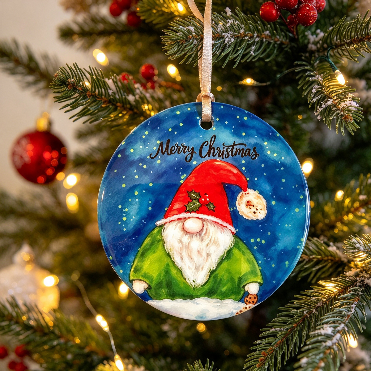 Percy the Christmas Gonk and Mabel the Christmas Sheep, ceramic hanging ornament