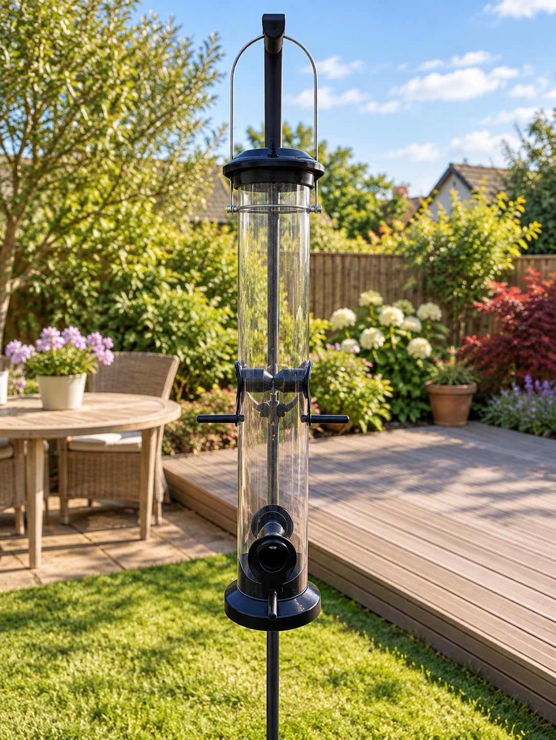 Hanging Garden Bird Feeder with Clear Seed Tube, Metal Lid and Feeding Perches
