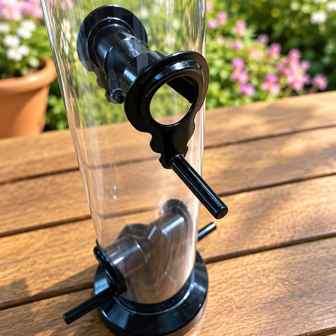Hanging Garden Bird Feeder with Clear Seed Tube, Metal Lid and Feeding Perches