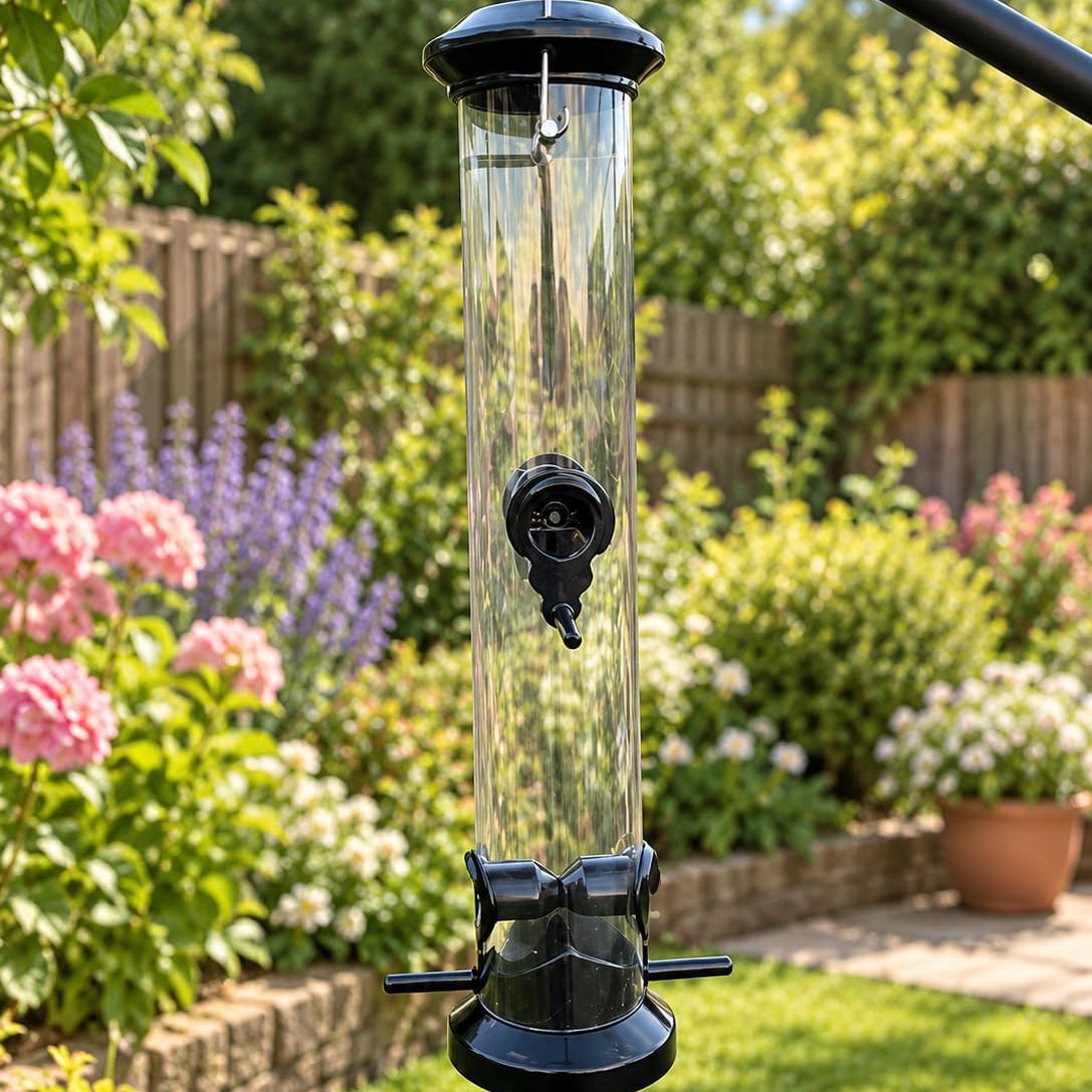 Hanging Garden Bird Feeder with Clear Seed Tube, Metal Lid and Feeding Perches