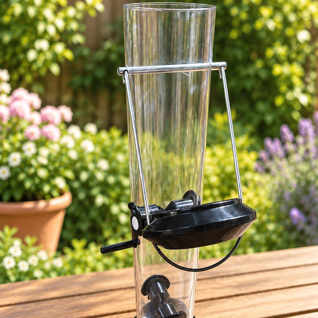 Hanging Garden Bird Feeder with Clear Seed Tube, Metal Lid and Feeding Perches