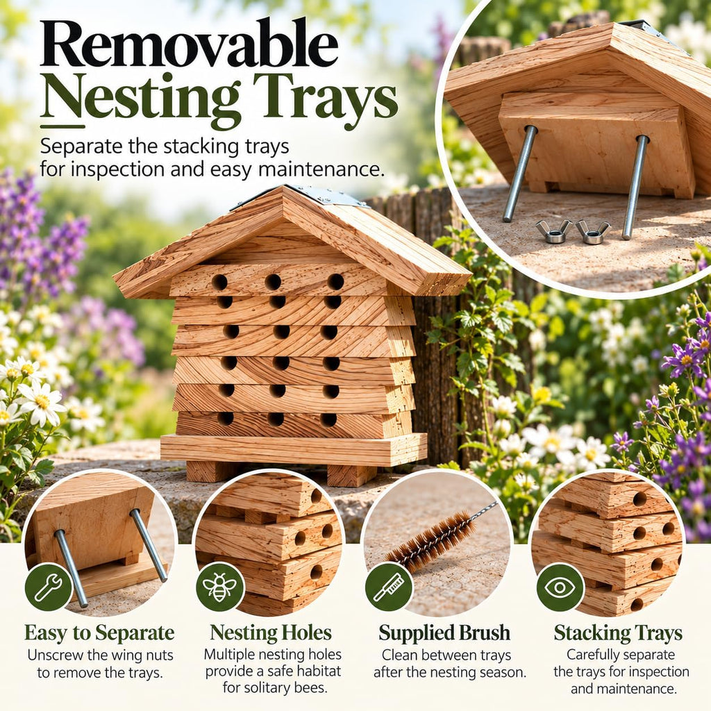 Interactive Wooden Solitary Bee House with Removable Nesting Trays