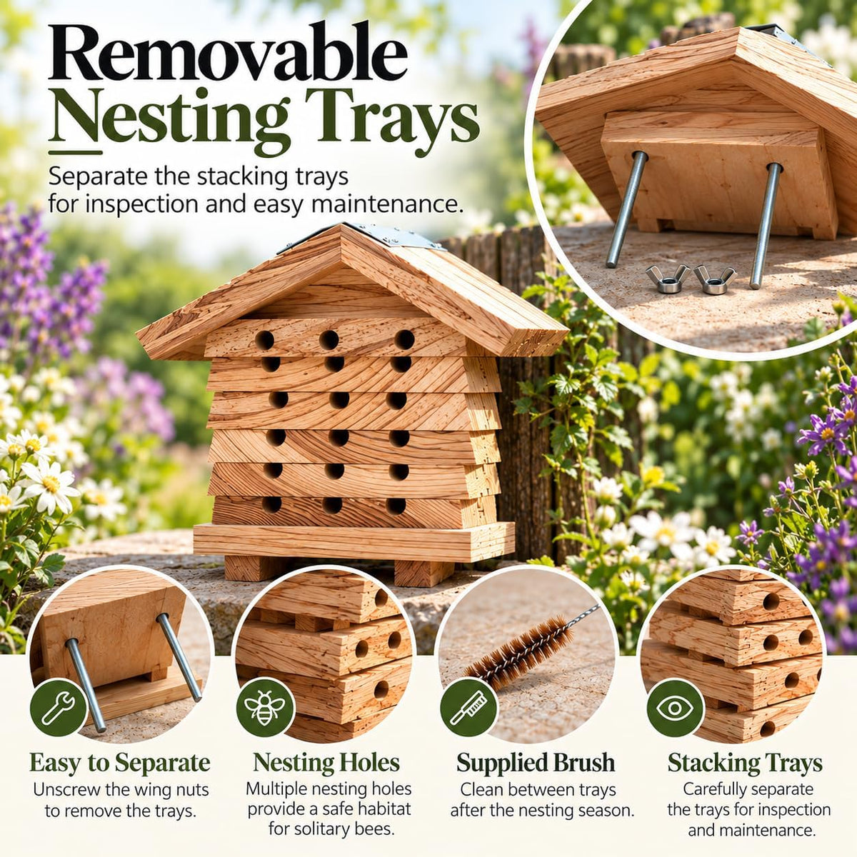 Interactive Wooden Solitary Bee House with Removable Nesting Trays