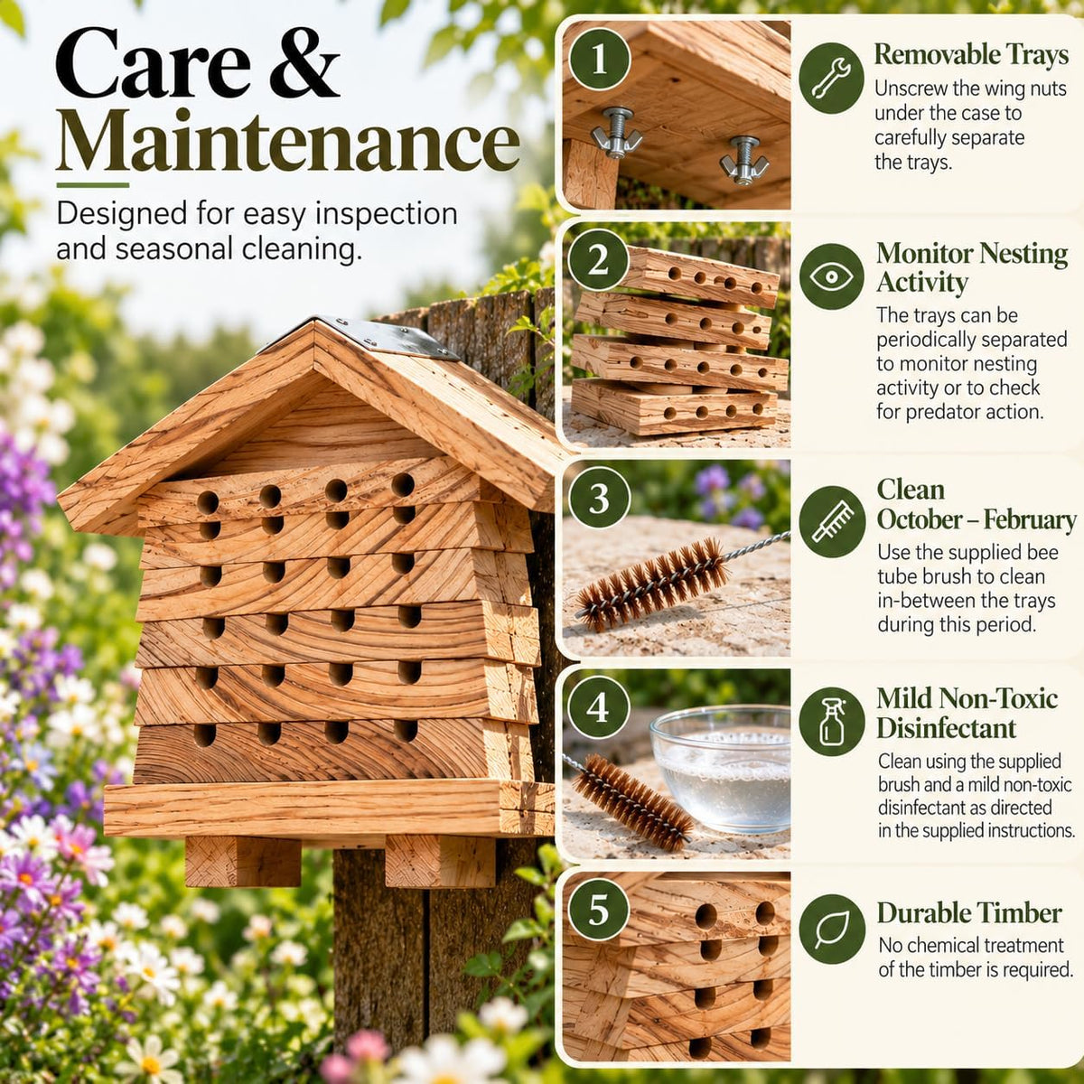 Interactive Wooden Solitary Bee House with Removable Nesting Trays