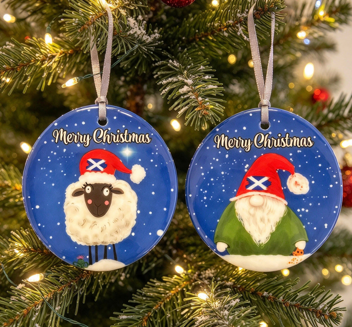 Percy the Christmas Gonk and Mabel the Christmas Sheep, ceramic hanging ornament