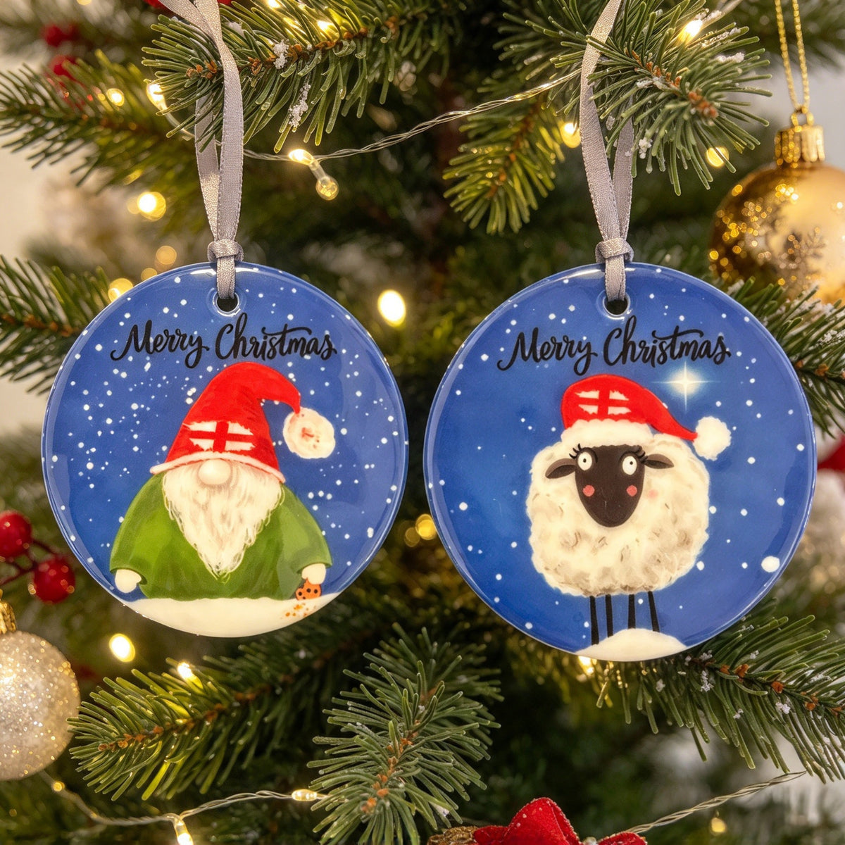 Percy the Christmas Gonk and Mabel the Christmas Sheep, ceramic hanging ornament