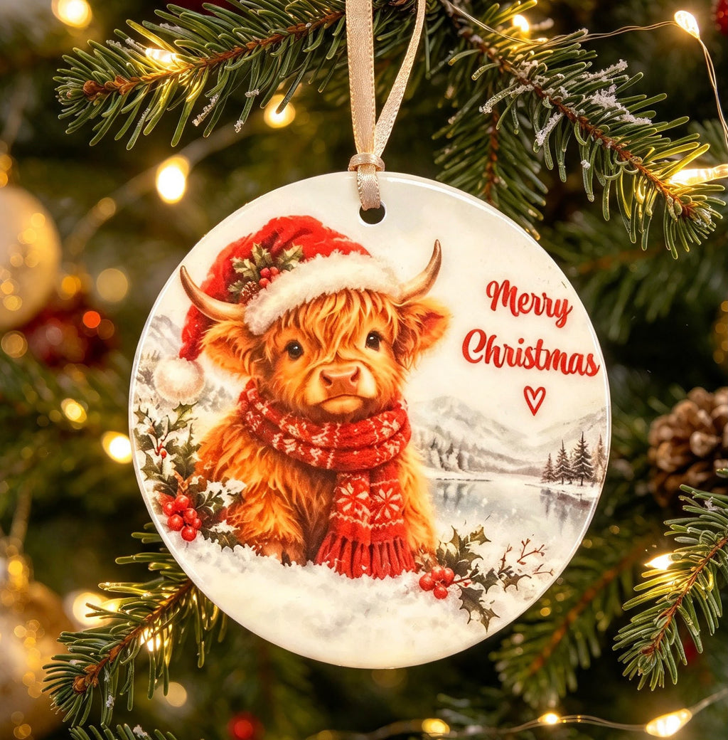 Cute highland cow ceramic Christmas decoration