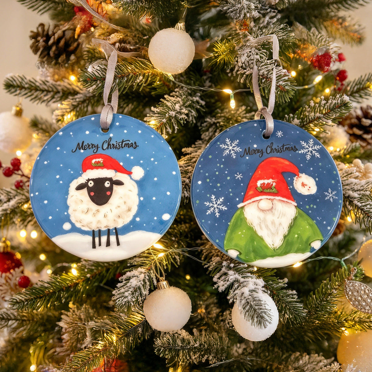 Percy the Christmas Gonk and Mabel the Christmas Sheep, ceramic hanging ornament