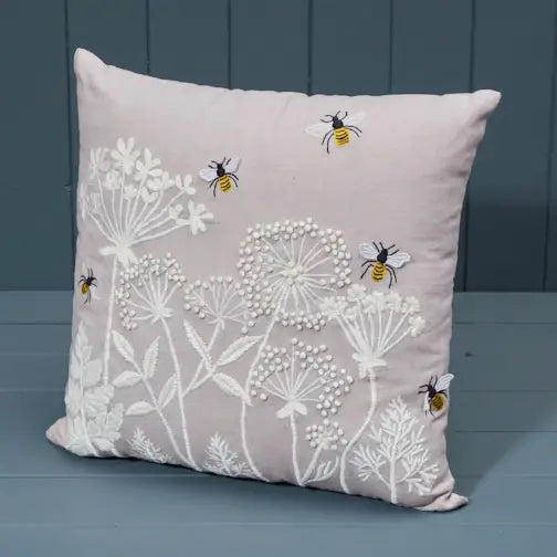 Stunning Bee Design Handmade Washable Cotton Embroidered Cushion with Filling